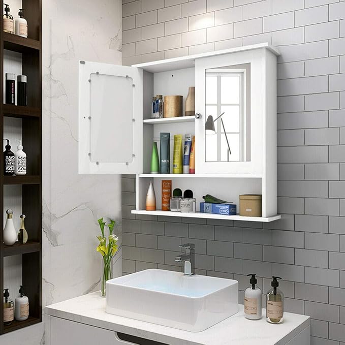 Tangkula Bathroom Medicine Cabinet with Mirror, Wall Mounted Wooden Hanging Organizer with Doors and Shelves, Bathroom Wall Mirror Cabinet (Mirror Doors, White)
