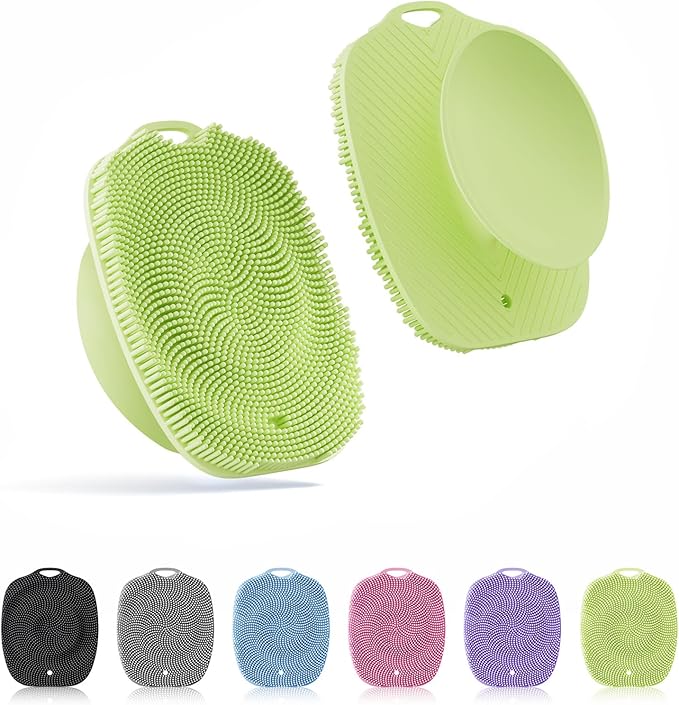 Soft Silicone Body Scrubber, Gentle Like a Hand Exfoliating Your Skin and Build Up Lather Easily, Back Large Suction Cup Easy to Store, Long-Lasting & Deep Clean （Green
