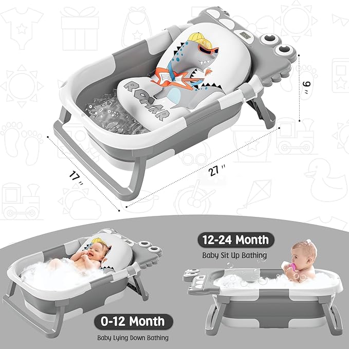 MoreFeel Collapsible Baby Bathtub for Newborn with Thermometer & 1 Hooded Towel & 1 Soft Floating Cushion,Portable Travel Bathtub with Drain Hole, Durable Foldable Baby Tubs for Infants to Toddler