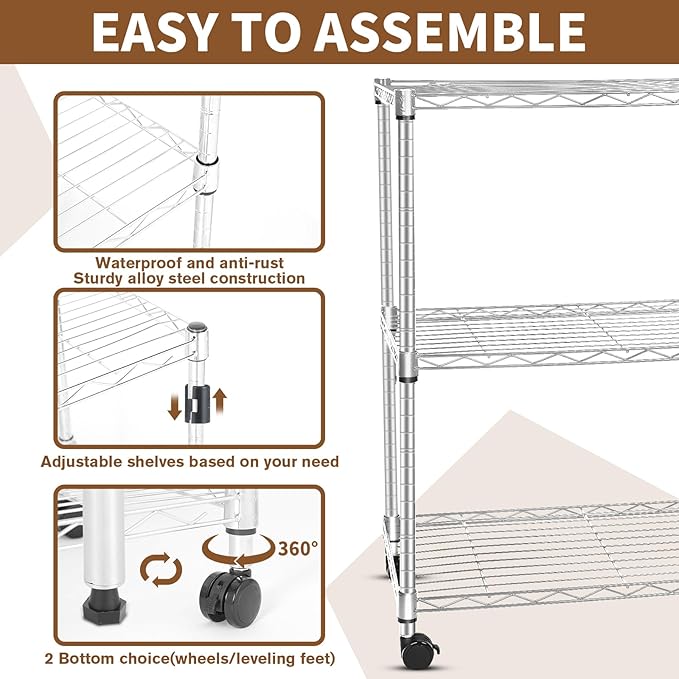 Whitmor 3 Tier Storage Shelving, Heavy Duty with Wheels, Adjustable Steel Organizer, 400 lbs Capacity per Shelf, Max 1200 lbs Total for Garage, Kitchen, Bathroom, 24" L x 14" W x 20" H, Chrome