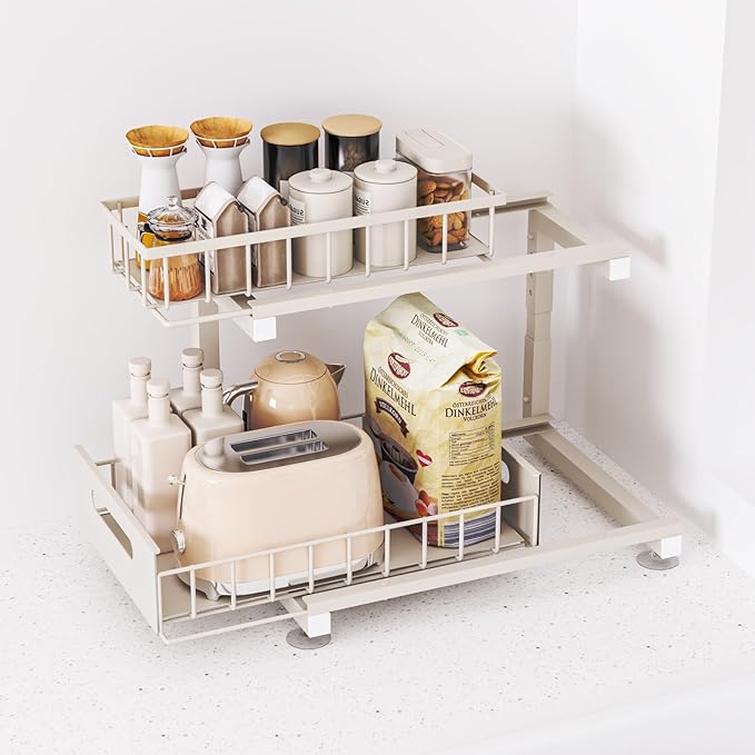 Under Sink Organizer, Heavy Duty Metal Slide Out Sink Shelf Organizer Height Adjustable, Multi-Purpose Storage Shelf for Kitchen Bathroom (Sand,1Pack)