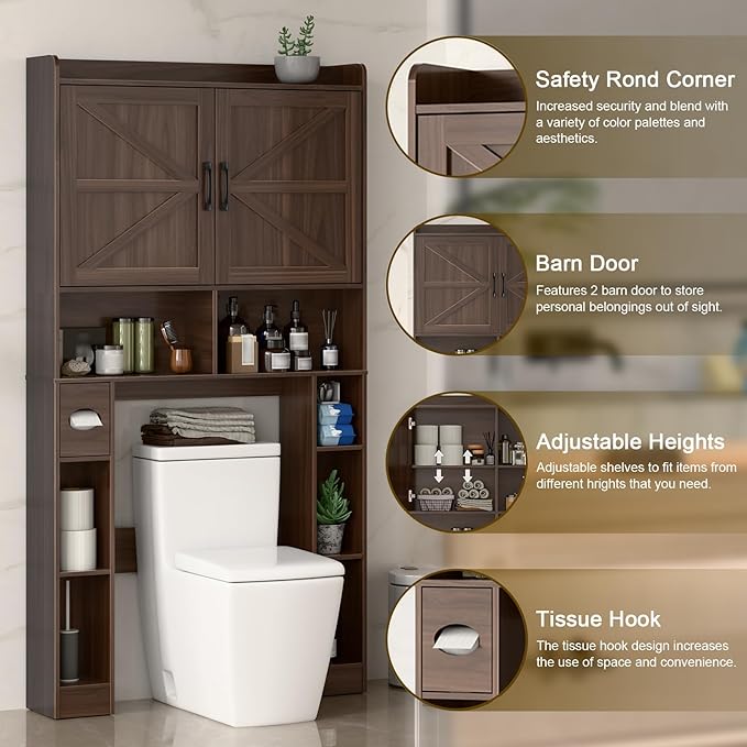 Over The Toilet Storage Cabinet, Farmhouse Toilet Cabinet Rack with Barn Doors, Space Saving Bathroom Organizer with Shelves, Toilet Paper Holder and Towel Rack for Bathroom,Restroom,Laundry,Espresso
