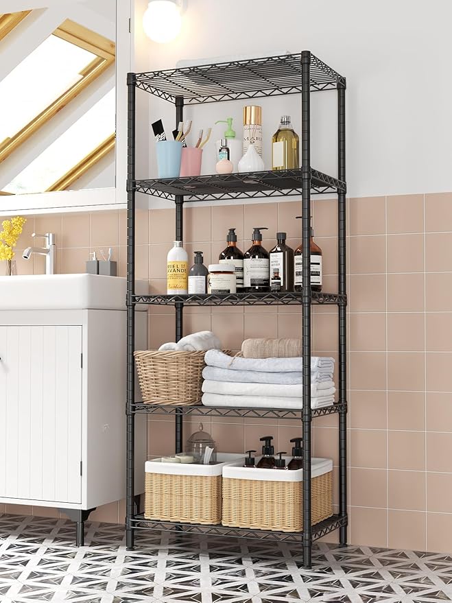 SINGAYE 5 Tier Storage Shelves Wire Shelving Unit Shelve Metal Kitchen Laundry Room Organization Home Pantry Closet Bathroom Organizers Garage Rack Estantes para Cocina 14" D x 24" W x 59.5" H Black