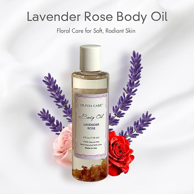 Olivia Care Body Oil Lavender Rose Vegan & Natural Perfume Oil For Women | Hydrating After Bath Oil- Infused with VITAMIN E, K & Omega Fatty Acids - Reduce Dry Skin, Anti-Aging (Lavender Rose)