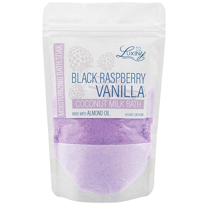 Luxiny Vegan Milk Bath Soak Made with Moisturizing Coconut Milk Powder & Sweet Almond Oil for a Bath Bomb Dust Soothing Fizz & Relaxing Soak, 8 oz. (Black Raspberry Vanilla)
