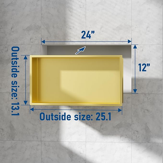 Neodrain No Tile Shower Niche, Golden Stainless Steel Wall Niche 25.1"X13.1"(Inner Size 24"X12"), NO Tile Needed Recessed Cabinet for Bathroom Storage, Waterproof Cubby