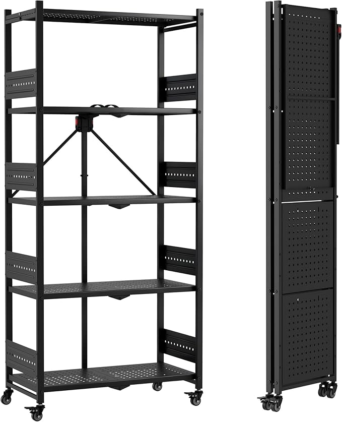 WORKPRO 5-Tier Folding Shelf, No-Assembly Metal Storage Rack with Wheels, 750 lbs Capacity (with Leveling Feet), Collapsible Shelving Unit for Kitchen, Pantry, Bathroom & Closet Organization