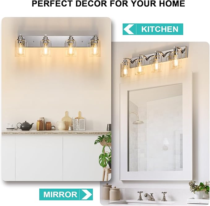 4-Light Bathroom Light Fixtures Modern Chrome Vanity Lights for Bathroom Lighting Fixtures Over Mirror with Clear Glass Shade for Cabinet Mirror Bedroom Hallway