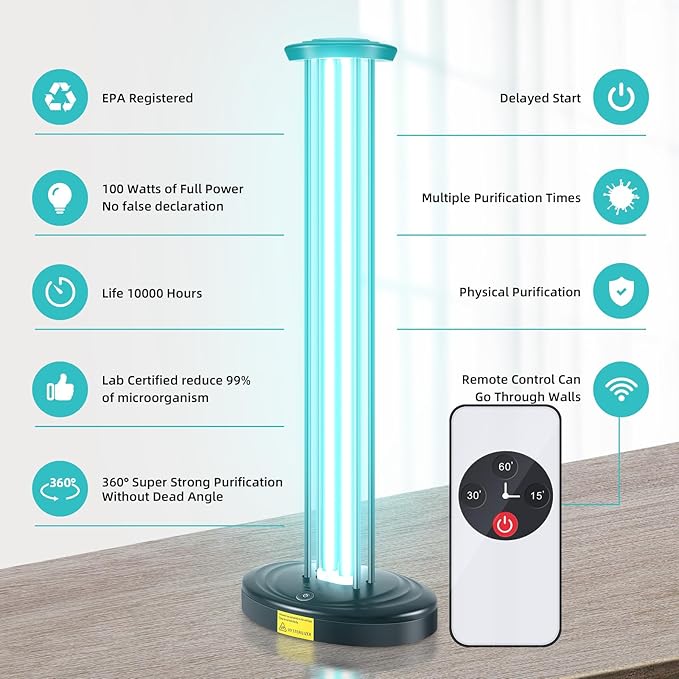 100W UV Light with Ozone, 3-Gear Timer & Remote Control, Home Purification Device, Dust Mite & Mold Eliminator, Bed Bug Remover for Bathroom, Bedroom, Basement