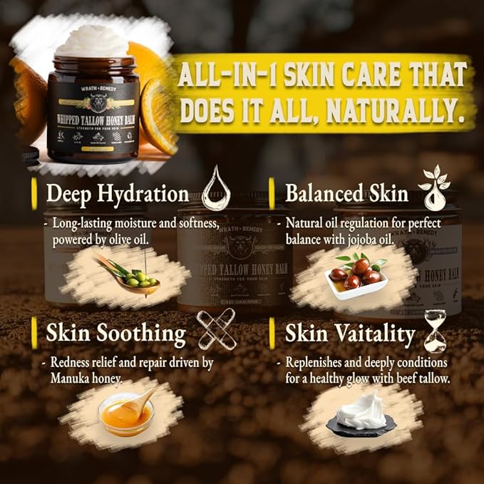 Organic Beef Tallow for Skin - 4 OZ (Citrus) — Grass Fed Beef Tallow for face + Body — US-Made Whipped Tallow and Honey Balm Moisturizer for Dry and Sensitive Skin, Eczema, Rosacea (No Additives)