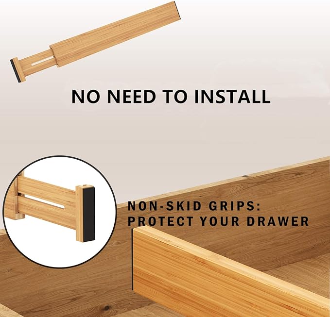 BAMEOS Drawer Dividers kitchen Organization Bamboo Utensil Organizers for Kitchen Bedroom Bathroom Dresser Office 4-pack
