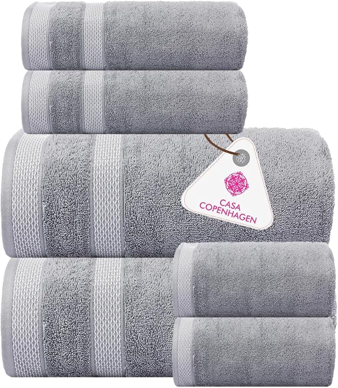 CASA COPENHAGEN Solitaire 6 Pieces Towel Set- Grey Violet, 600 GSM 2 Bath Towel 2 Hand Towel 2 Washcloth, Designed in Denmark Made of Soft Egyptian Cotton for Bathroom, Kitchen & Shower