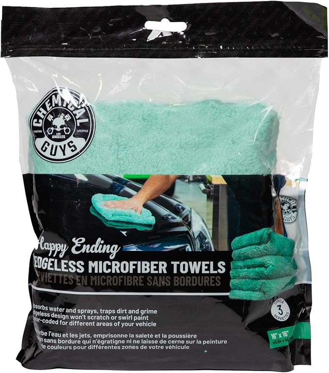 Chemical Guys MIC34603 Happy Ending Ultra Edgeless Microfiber Towel, Green, (16" x 16")