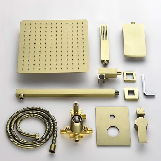 SHAMANDA Shower System with Waterfall Tub Spout and Handheld Shower Head, 12" Rain Shower Faucet Sets Complete with Shower Round-in Valve and Trim Wall Mount, Brushed Gold, L101-3