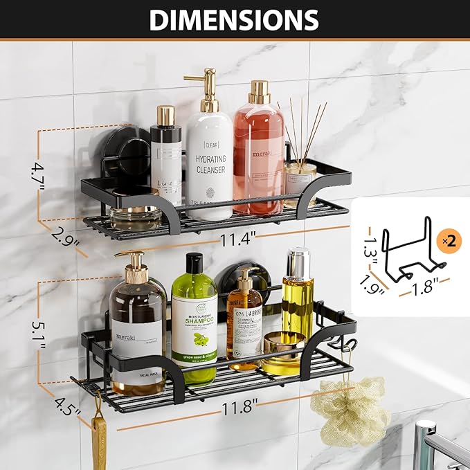 LEVERLOC 2 Pack Shower Caddy Suction Cup, Shower Shelves for Inside, Rustproof Metal Bathroom Storage NO-Drilling Bath Organizer with Large Capacity,Heavy Duty Storage Basket,Home Decor,Black