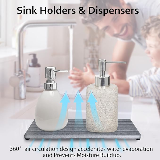 Diatomite Soap Dish, Water Absorbing Stone Tray, Kitchen Sink Organizer, Fast Drying Counter Holder (Grey, 11" x 4.7"/28 x 12cm)