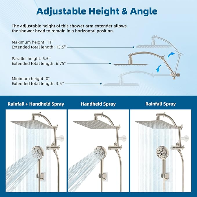 Hibbent All Metal Shower Head, 10'' High Pressure Rain Shower Head/Handheld Showerhead Combo with 16'' Adjustable Arc-shaped Extension Arm, 10 Sprays, 71'' Hose, Showerhead Holder, Brushed Nickel