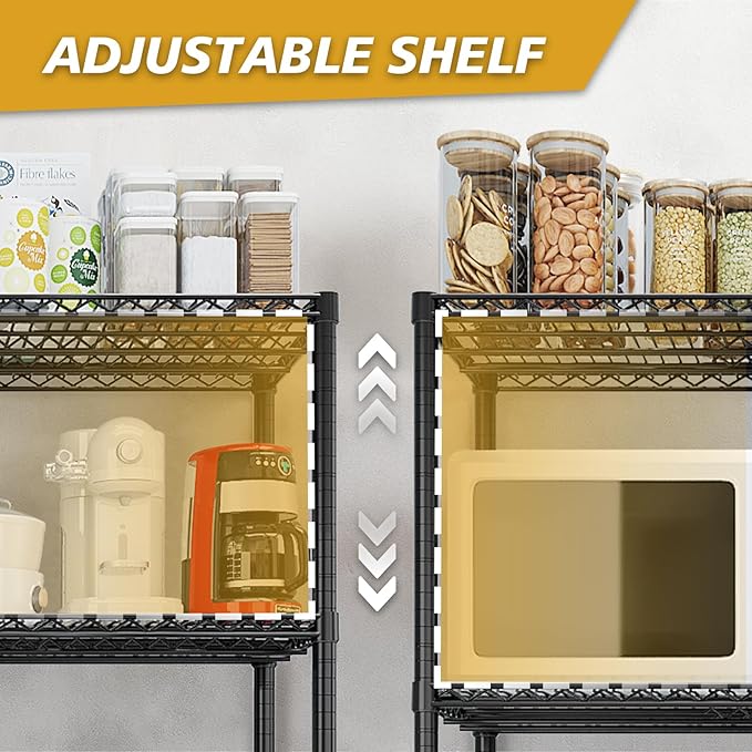 5 Tier Storage Racks Shelving, Heavy Steel Pantry Shelves, Adjustable Wire Shelving Rack, Suitable for Garage, Kitchens, Offices, 58" W x 13.8" D x 71" H, Black