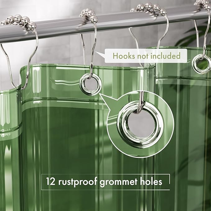 AmazerBath Shower Curtain Liner, 72x72 Transparent Pine Green Shower Liner, Lightweight Plastic Shower Curtain Liners, Waterproof Shower Liner for Bathroom with 3 Magnets and 12 Grommet Holes