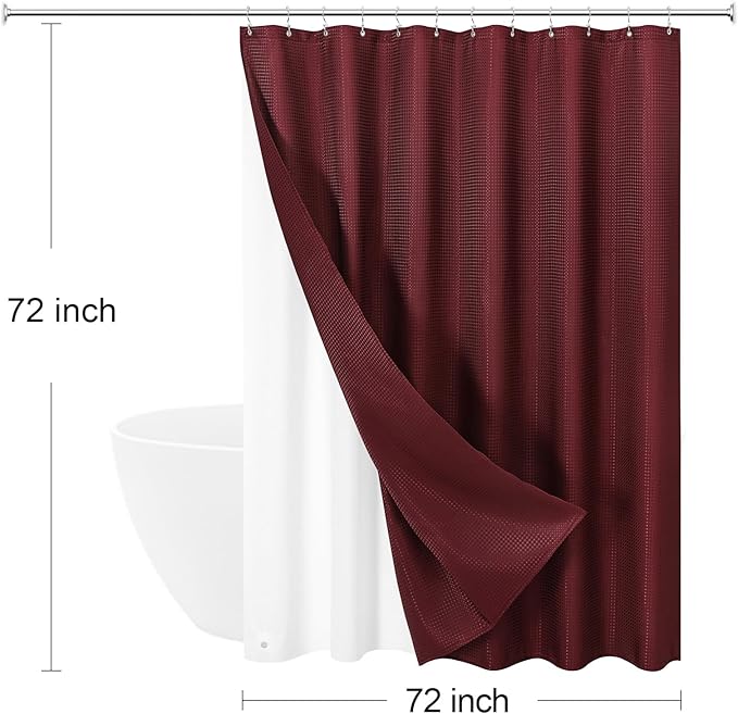 3 in 1 Shower Curtain Set, Burgundy Waffle Shower Curtain and PEVA Liner Set with 12 Stainless Steel Shower Curtain Hooks, Waterproof Fabric Shower Curtains for Bathroom, 72 W x 72 H