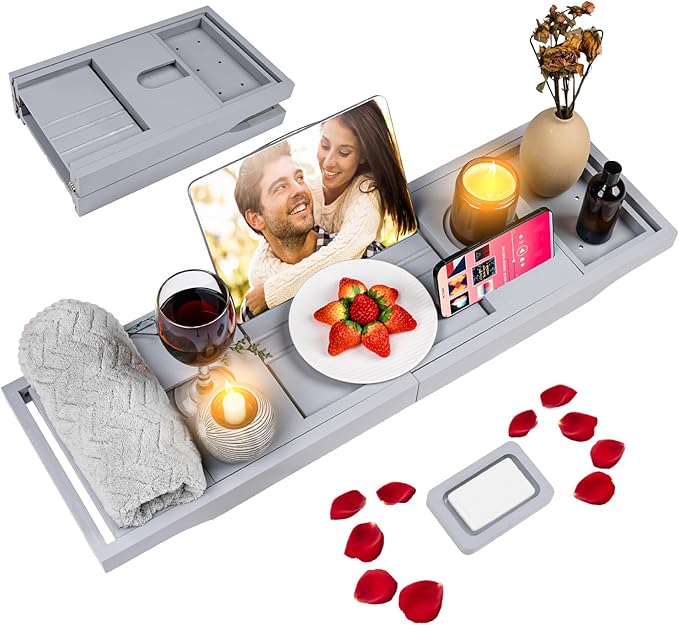 Foldable Bathtub Caddy Tray, Bamboo Bath Tub Tray Table for Tub with Wine Glass Holder Book Phone Tablet Holder with Extending Sides, Adjustable Bathroom Bathtub Free Soap Holder Gift Idea (Grey)
