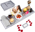 Foldable Bathtub Caddy Tray, Bamboo Bath Tub Tray Table for Tub with Wine Glass Holder Book Phone Tablet Holder with Extending Sides, Adjustable Bathroom Bathtub Free Soap Holder Gift Idea (Grey)