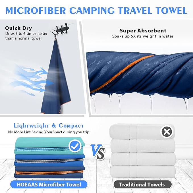 HOEAAS 2 Pack Microfiber Camping Towels, Quick Dry Towel, Super Absorbent Ultra Compact Travel Towel Soft Lightweight Sports Towel for Sweat Fast Drying Towels for Pool,Gym,Hiking,Backpacking,Fitness