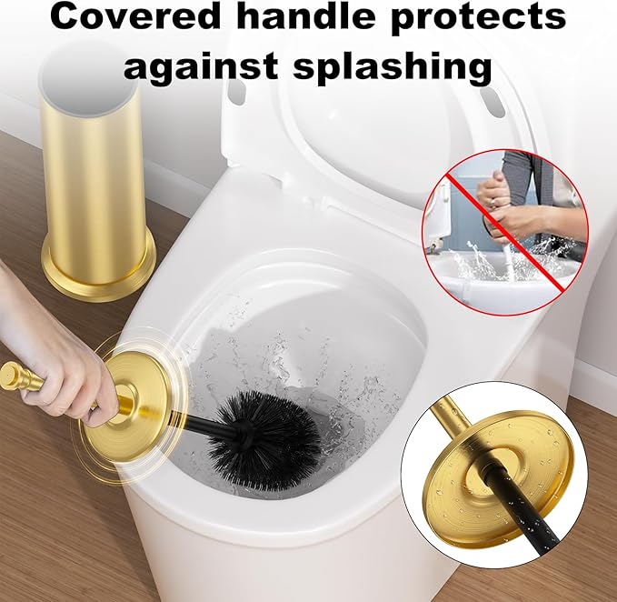 Brass Toilet Brush and Holder，Long Handled Gold Toilet Brush for Bathroom，Stainless Steel Heavy Duty Toilet Bowl Brush,Removable Inner Bowl,Deep Cleaning Dense Bristles Cleaner Brush -Space Saving
