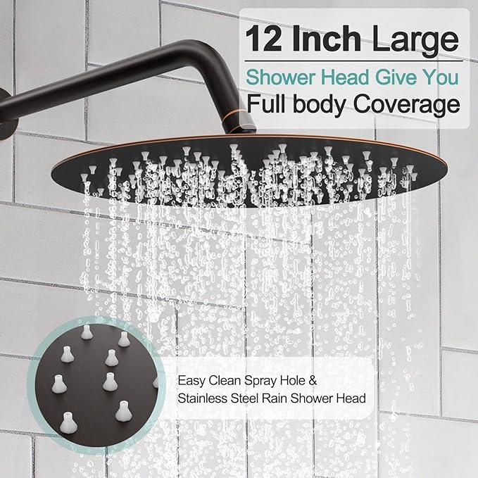 SR SUN RISE 12 Inch Oil Rubbed Bronze Shower System, Wall-Mount Adjustable 16-Inch Slide Bar with 6-Function Hand Shower Faucet Included Valve and Trim Kit