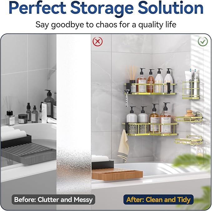 YASONIC Corner Shower Caddy Organizer, 5-Pack Self-Adhesive Rustproof Bath Shelves with Soap Holder & 4 Hooks, Large Capacity Shower Storage Rack for Bathroom Organization, Gold