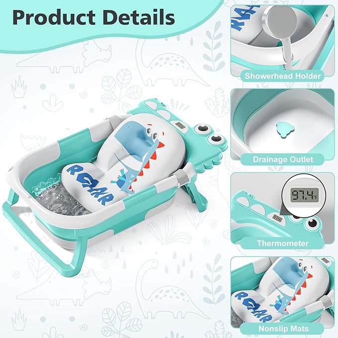 Collapsible Baby Bathtub for Newborn with Thermometer & 1 Soft Floating Cushion & Drain Hole, Foldable & Portable Travel Baby Bath Tub for Newborns to Toddlers 0-36 Months Boys, Cyan