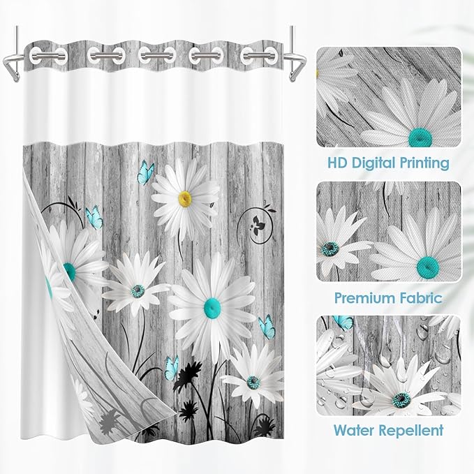 No Hook Flower Daisy Shower Curtain with Snap in Fabric Liner Set, Gray Wooden Boards Double Layers Waterproof Fabric with See Through Top Window Open Grommet Bath Curtain 71x86 Inch