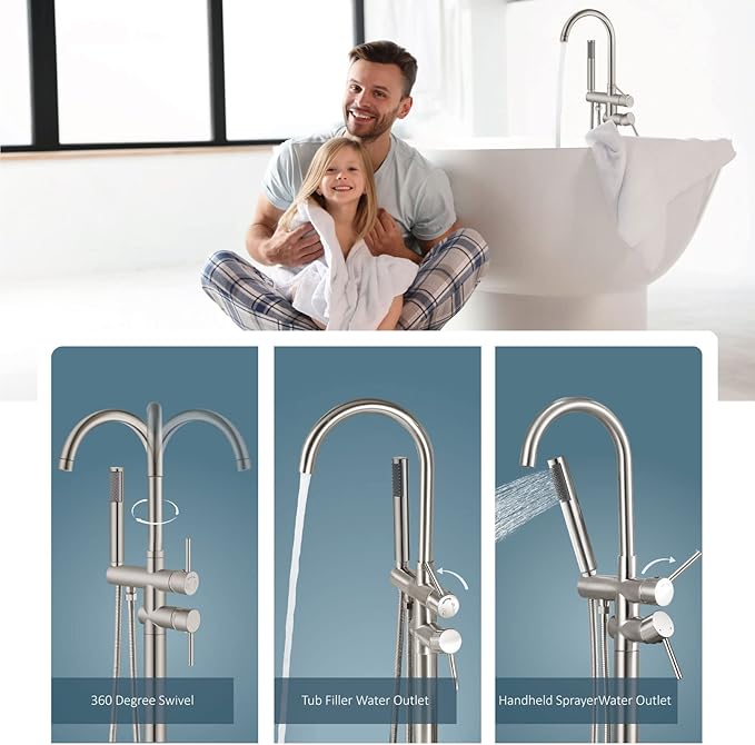 Aolemi Floor Mount Bathtub Faucet Freestanding Tub Filler Standing High Flow Shower Faucets Shower Mixer Taps, Swivel Gooseneck Spout with Cylinder Handheld Brushed Nickel