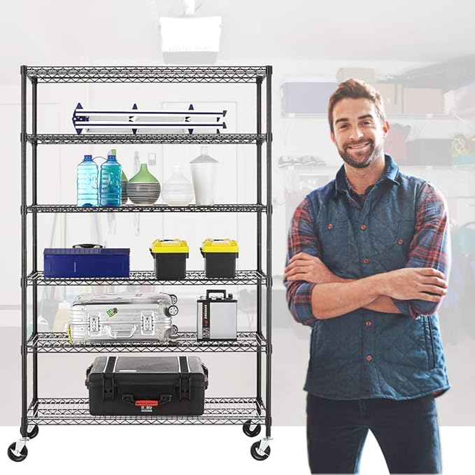 BestOffice | 6-Tier Wire Storage Shelves with Wheels | 18x48x77 | Black | Adjustable Racks | Heavy-Duty Metal Shelf, Holds Upto 600 lbs | No-Tool Assembly | Ideal for Home & Garage Shelving