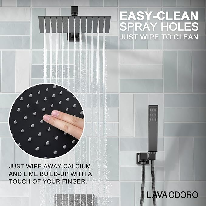 Lava Odoro Modern 2-Setting Square Shower System with Rain Shower Head and Handheld Spray Black, Rainfall Shower Faucet Set Chrome, Shower Valve and Trim Kit, Polished Chrome SF103-MB