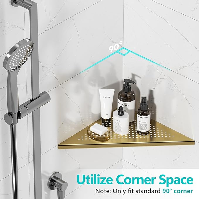 Bathroom Corner Shelf, Recessed 12" Shower Shelf Caddy, SUS304 Stainless Steel Shelf Wall Mount Triangular, No Drilling, Brushed Golden