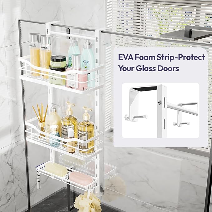 SWTYMIKI Over the Door Shower Caddy - 3 Tier Adjustable Shower Organizer Hanging with Soap Holder, No Drilling Stainless Steel Bathroom Hanging Caddy for Body Wash, Shampoo, Soap, Razor, White