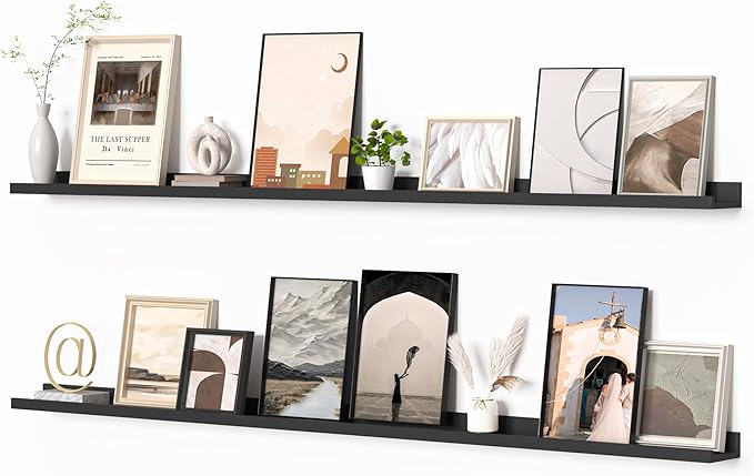 Heimlove Picture Ledge Shelf, Floating Shelves Set of 2, 72 Inches Long Large Picture Shelf for Wall with Ledge, Kids Bookshelf Wall Mounted for Living Room Bedroom Decor Books Photo Frames, Black