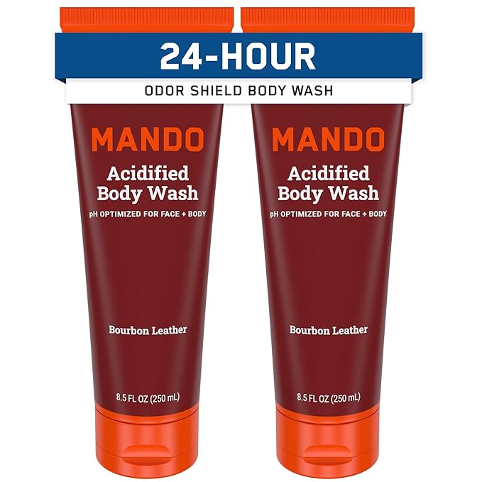 Mando Odor Shield Body Wash - 24 Hour Control - Removes Odor Better than Soap - SLS Free, Paraben Free, Skin Safe - 8.5 Ounce (Pack of 2) (Bourbon Leather)
