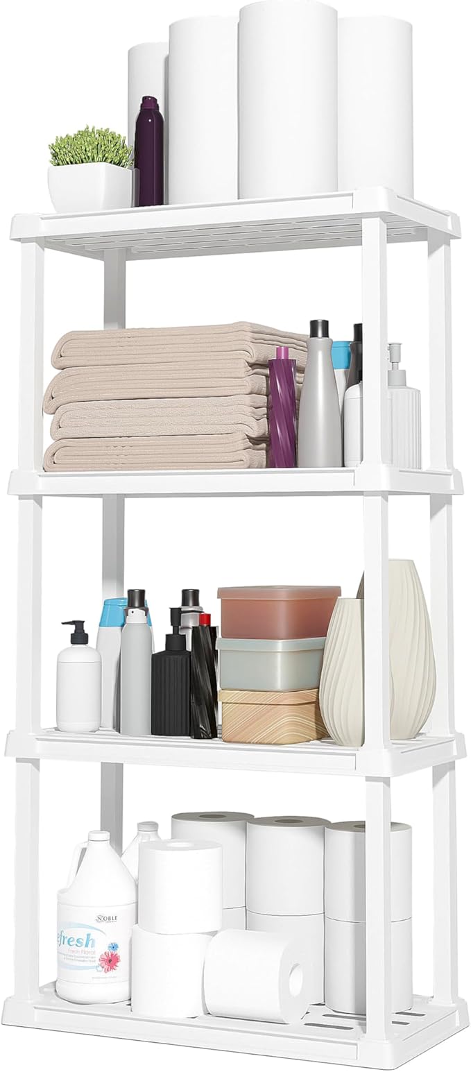 IRIS USA 4-Shelf Light Duty Plastic Storage Shelves, 200lb Capacity, 48" H x 24" W x 12" D, Medium Modular Shelving Unit Storage Organizer for Bathroom, Laundry, Garage & Home, Storage Rack - White