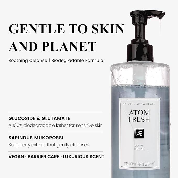 Atom Fresh Antioxidant-Rich Body Wash – Ocean Breeze | Softening Cleanse with Oat Amino Acids, Soapberry & Vitamin E | Plant-Based, Sulfate-Free (16.94 fl oz)