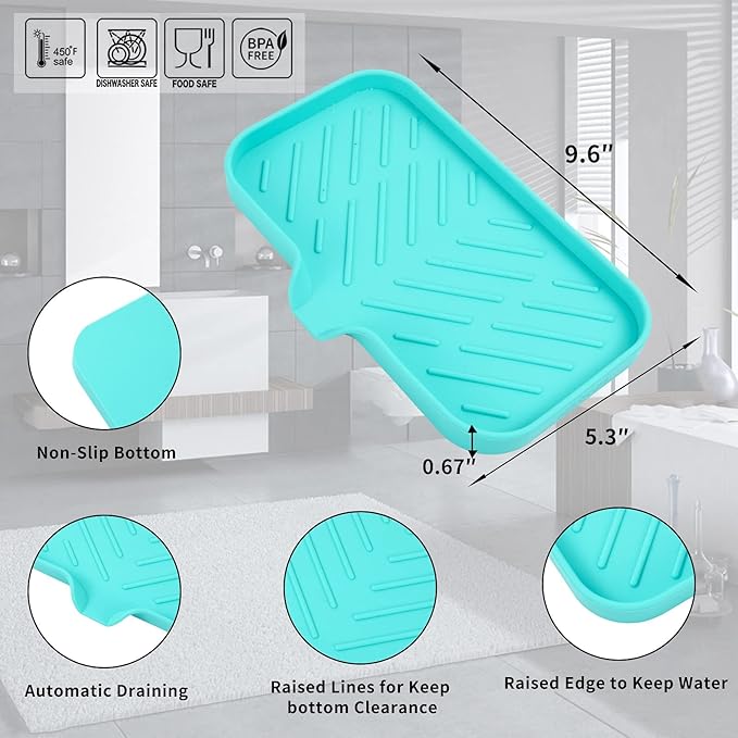 Silicone Bathroom Soap Dishes with Drain Spout-Bathroom and Kitchen Sink Organizer,Sponge Holder,Dish Soap Tray,Perfect for Dispenser,Scrubber,Bottle,Cup on Sink or Counter-Mint 9.6"×5.3"