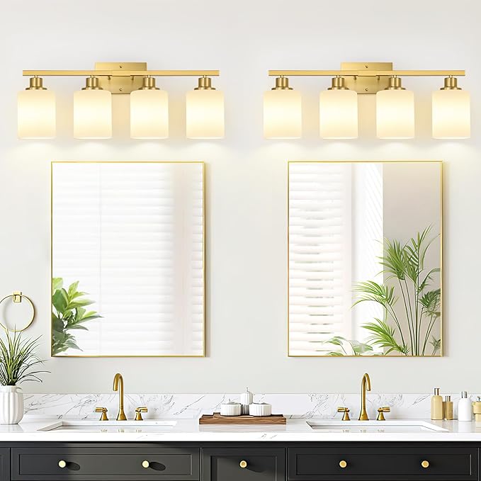 4-Light Bathroom Light Fixtures, Brushed Gold Vanity Light with Milky White Shades, Bathroom Lighting Fixtures Over Mirror, Modern Bathroom Wall Lamp for Mirror Living Room Cabinet Bedroom
