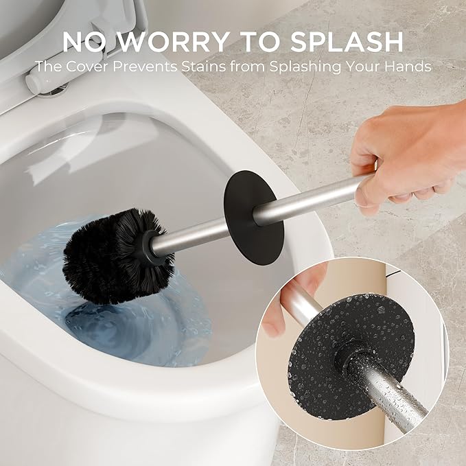 FORIOUS Toilet Brush and Holder Set, Heavy Duty 304 Stainless Steel Base Square and Long Handle for Bathroom Deep Cleaning, Drip-Proof, Space Saving for Storage, 2 Toilet Bowl Brush Head