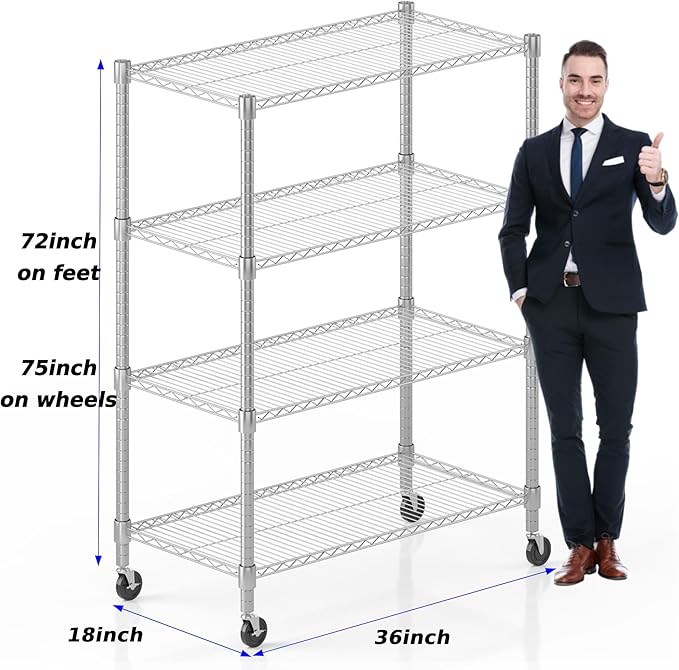 Homdox 4 Tier Heavy Duty Metal Shelves for Storage, Storage Racks and Shelving with Wheels, Commercial Adjustable Wire Shelving Unit, Garage Rack Pantry Shelves Kitchen Shelving, Chrome