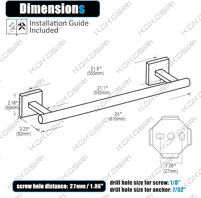 KOKOSIRI Towel Rails Bathroom Towel Bars Matte Black 24 Inch Bath Towel Holder for Cabinet Kitchen Wall, 2 Pack Stainless Steel B4005BK-L24-P2