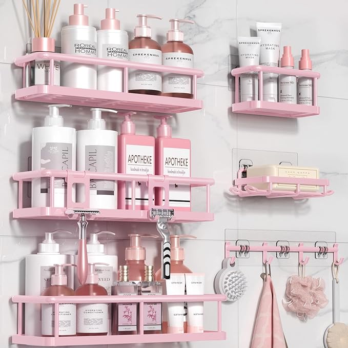 YASONIC Shower Caddy, 6 Pack Large Capacity Bath Organizer with Soap Holder and 12 Hooks, Rustproof Shower Shelves for Inside Shower, No Drilling&Sleek Bathroom Organizers and Storage Pink