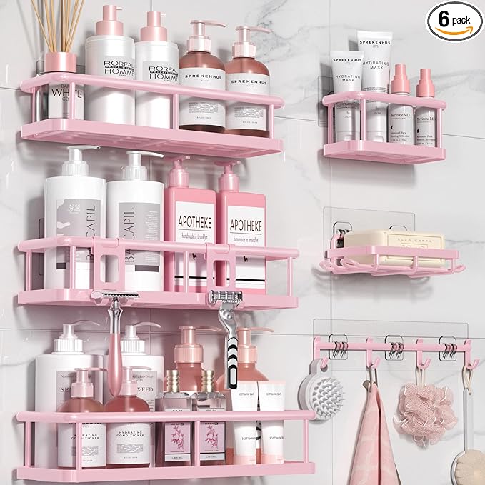 YASONIC Shower Caddy, 6 Pack Large Capacity Bath Organizer with Soap Holder and 12 Hooks, Rustproof Shower Shelves for Inside Shower, No Drilling&Sleek Bathroom Organizers and Storage Pink