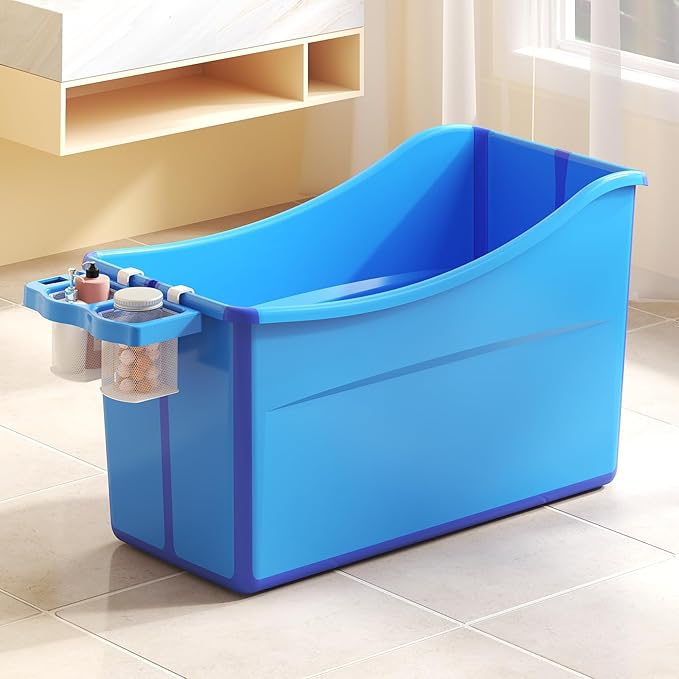 Collapsible Baby Bathtub Foldable Bathtub for Toddler Portable Large Foldable Bath Tub Bathtub for Kids Petite with Thermometer and Storage Basket (Blue)