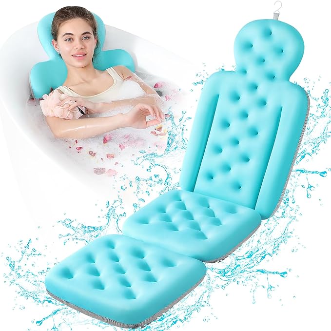 Luxury Bath Cushion, Full Body Bathtub Pillow with 160 Suction Cups, Bath Mat for Head and Neck Support, with Laundry Bag (Blue, 56.2" x 16.2")